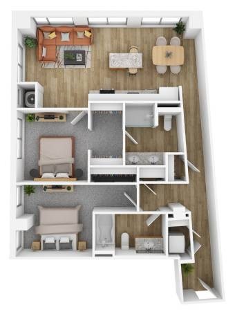Floor plan for 2 beds, 2 baths, 1067 sqft